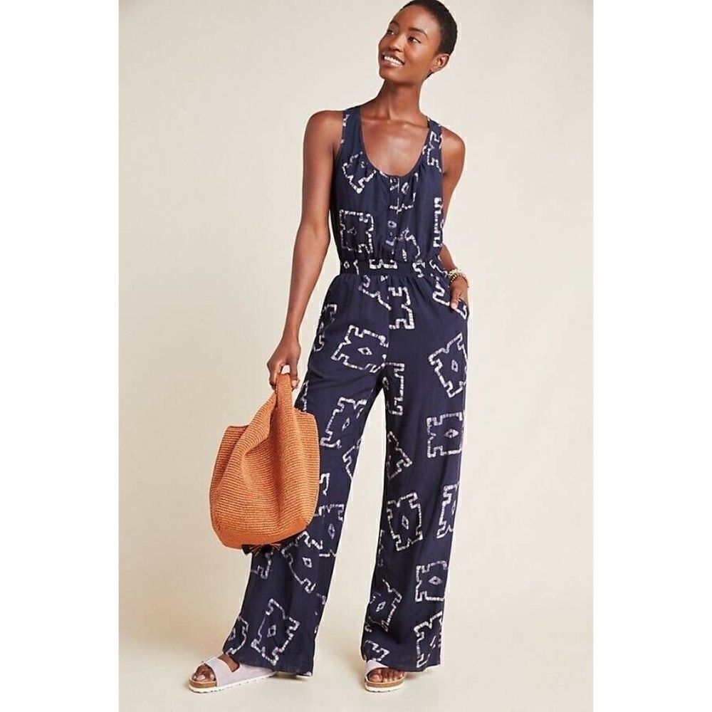 NEW ANTHROPOLOGIE Sz M PHAEDRA WIDE LEG JUMPSUIT IN BLUE X THE ODELLS